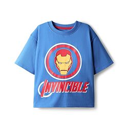 Pine Kids Marvel Single Jersey Knit Drop Shoulder Half Sleeves Oversized T-Shirt & Shorts Set With Iron Man Graphics - Blue
