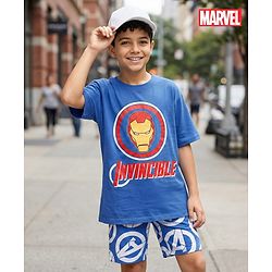 Pine Kids Marvel Single Jersey Knit Drop Shoulder Half Sleeves Oversized T-Shirt & Shorts Set With Iron Man Graphics - Blue