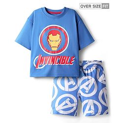 Pine Kids Marvel Single Jersey Knit Drop Shoulder Half Sleeves Oversized T-Shirt & Shorts Set With Iron Man Graphics - Blue