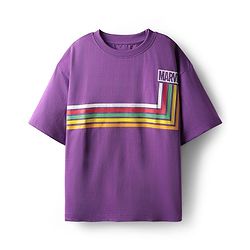Pine Kids Marvel Single Jersey Knit Drop Shoulder Half Sleeves Oversized T-Shirt & Shorts Set With Avengers Graphics - Purple