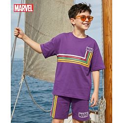 Pine Kids Marvel Single Jersey Knit Drop Shoulder Half Sleeves Oversized T-Shirt & Shorts Set With Avengers Graphics - Purple