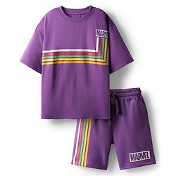 Pine Kids Marvel Single Jersey Knit Drop Shoulder Half Sleeves Oversized T-Shirt & Shorts Set With Avengers Graphics - Purple