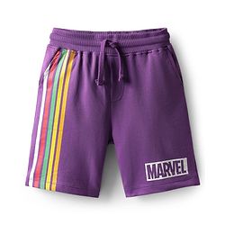 Pine Kids Marvel Single Jersey Knit Drop Shoulder Half Sleeves Oversized T-Shirt & Shorts Set With Avengers Graphics - Purple