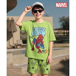 Pine Kids Marvel Single Jersey Knit Drop Shoulder Half Sleeves Oversized T-Shirt & Shorts Set With Spider-Man Graphics - Green