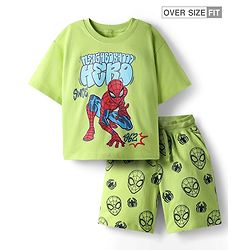 Pine Kids Marvel Single Jersey Knit Drop Shoulder Half Sleeves Oversized T-Shirt & Shorts Set With Spider-Man Graphics - Green
