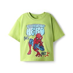 Pine Kids Marvel Single Jersey Knit Drop Shoulder Half Sleeves Oversized T-Shirt & Shorts Set With Spider-Man Graphics - Green