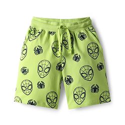 Pine Kids Marvel Single Jersey Knit Drop Shoulder Half Sleeves Oversized T-Shirt & Shorts Set With Spider-Man Graphics - Green