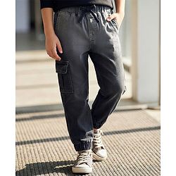 Pine Kids Woven Full Length Washed Denim Jeans With Cargo Pocket - Black
