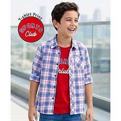 Pine Kids Cotton Woven Full Sleeves Checkerd Shirt with T-Shirt - Blue