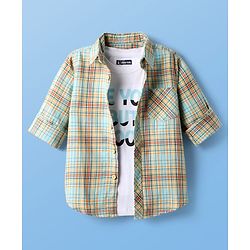 Pine Kids Cotton Knit Full Sleeves Checkered Shirt with T-Shirt - Aqua Blue
