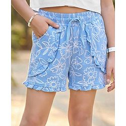 Pine Kids 100% Cotton Mid Thigh Shorts With Floral Print & Frills Detailing - Blue