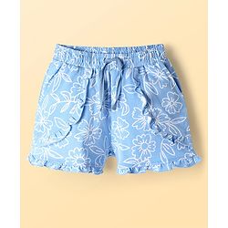 Pine Kids 100% Cotton Mid Thigh Shorts With Floral Print & Frills Detailing - Blue