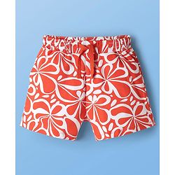Pine Kids 100% Cotton Mid Thigh Shorts With Floral Print - Orange