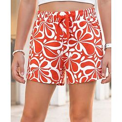 Pine Kids 100% Cotton Mid Thigh Shorts With Floral Print - Orange