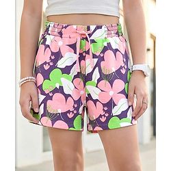 Pine Kids 100% Cotton Mid Thigh Shorts With Floral Print - Purple