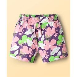Pine Kids 100% Cotton Mid Thigh Shorts With Floral Print - Purple