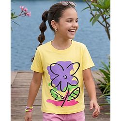 Pine Kids Cotton Knit Half Sleeves T-Shirt With Floral Print - Yellow