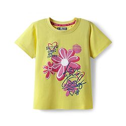 Pine Kids Cotton Knit Half Sleeves T-Shirt with Floral Print - Lemon