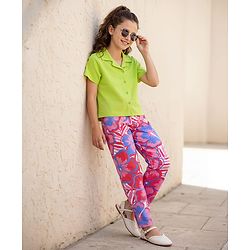 Pine Kids Single Jersey Knit Half Sleeves Shirt & Culotte Pant Set With Floral Print - Lime Green & Pink