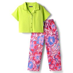 Pine Kids Single Jersey Knit Half Sleeves Shirt & Culotte Pant Set With Floral Print - Lime Green & Pink