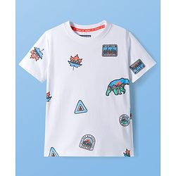 Pine Kids Cotton Knit Half Sleeves T-Shirt With Animal Print - White