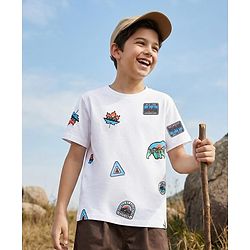 Pine Kids Cotton Knit Half Sleeves T-Shirt With Animal Print - White
