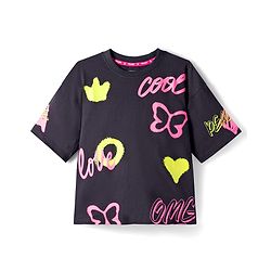 Pine Kids Cotton Knit Drop Shoulder Half Sleeves T-Shirt With Cool Text Print - Black