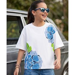 Pine Kids Cotton Knit Drop Shoulder Half Sleeves T-Shirt With Floral Print - White