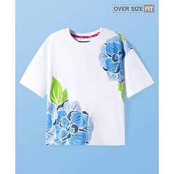 Pine Kids Cotton Knit Drop Shoulder Half Sleeves T-Shirt With Floral Print - White