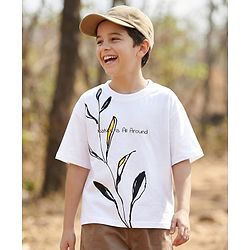 Pine Kids Cotton Knit Drop Shoulder Half Sleeves T-Shirt With Nature is All Around Text Print - White