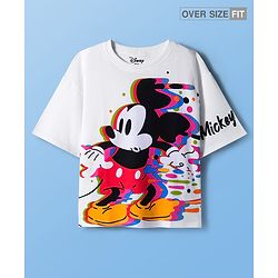 Pine Kids Disney Terry Knit Oversize Drop Shoulder Half Sleeves T-Shirt with Mickey Mouse Graphics - White