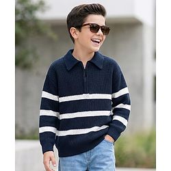 Pine Kids Knit Full Sleeves Pullover Sweater with Stripes - Navy Blue