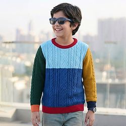 Pine Kids Knit Full Sleeves Colour Block Pullover Sweater With Cable Knit Design - Multi Colour