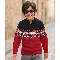 Pine Kids Knit Full Sleeves Pullover Sweater with Chevron Design - Red