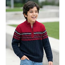 Pine Kids Knit Full Sleeves Pullover Sweater with Aztec Design - Red & Navy Blue