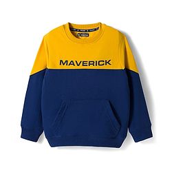 Pine Kids Knit Full Sleeves Cut & Sew Sweatshirt with Text Graphic & Kangaroo Pocket - Navy Blue & Yellow