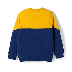 Pine Kids Knit Full Sleeves Cut & Sew Sweatshirt with Text Graphic & Kangaroo Pocket - Navy Blue & Yellow