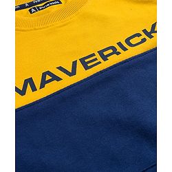 Pine Kids Knit Full Sleeves Cut & Sew Sweatshirt with Text Graphic & Kangaroo Pocket - Navy Blue & Yellow