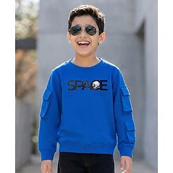 Pine Kids Knit Full Sleeves Sweatshirt With Space Print - Navy Blue