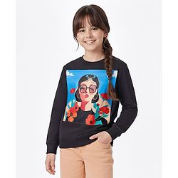 Pine Kids Knit Full Sleeves Sweatshirt with Tropical Theme Print - Black
