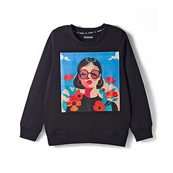 Pine Kids Knit Full Sleeves Sweatshirt with Tropical Theme Print - Black