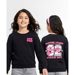 Pine Kids Knit Full Sleeves Sweatshirt with Front & Back Text Graphic - Black