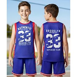 Pine Active Knit Sleeveless Tank T-Shirt & Shorts Set with Text Print - Navy Blue