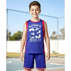 Pine Active Knit Sleeveless Tank T-Shirt & Shorts Set with Text Print - Navy Blue