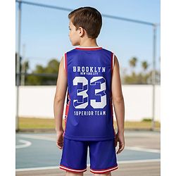 Pine Active Knit Sleeveless Tank T-Shirt & Shorts Set with Text Print - Navy Blue