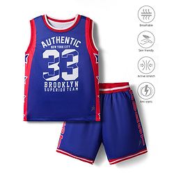 Pine Active Knit Sleeveless Tank T-Shirt & Shorts Set with Text Print - Navy Blue