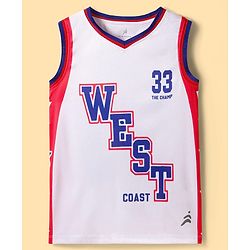 Pine Active Knit Sleeveless T-Shirt & Short Set with Text Print - White Red & Blue