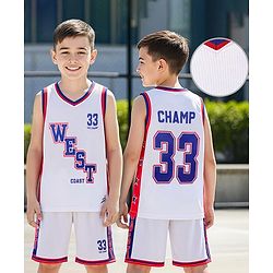 Pine Active Knit Sleeveless T-Shirt & Short Set with Text Print - White Red & Blue