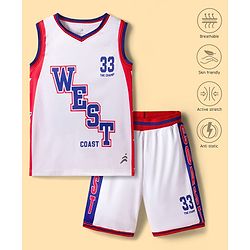 Pine Active Knit Sleeveless T-Shirt & Short Set with Text Print - White Red & Blue