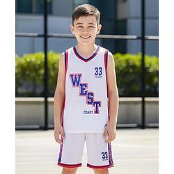 Pine Active Knit Sleeveless T-Shirt & Short Set with Text Print - White Red & Blue